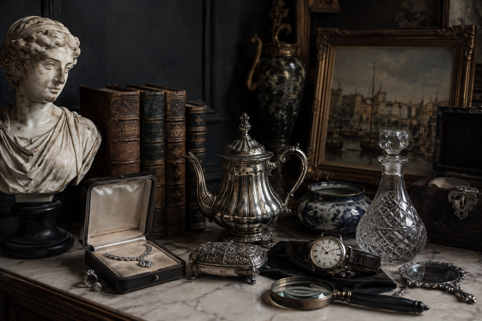Peças de antiquário sobre mármore: busto clássico, livros antigos, bule de prata, decantador de cristal, relógio e jóias