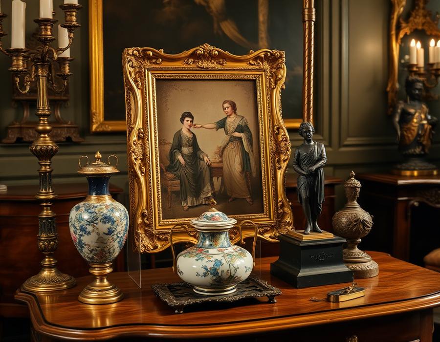 Objetos de antiquário sobre mesa de madeira