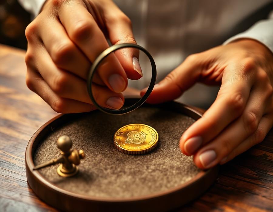 Especialista a avaliar uma moeda de ouro com lupa