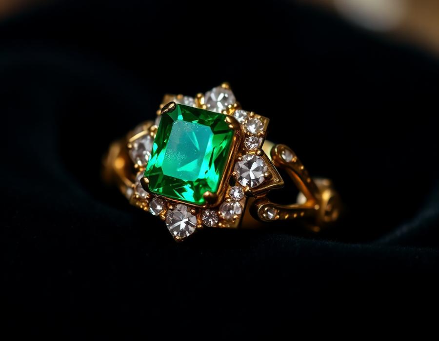 Anel antigo com esmeralda e diamantes