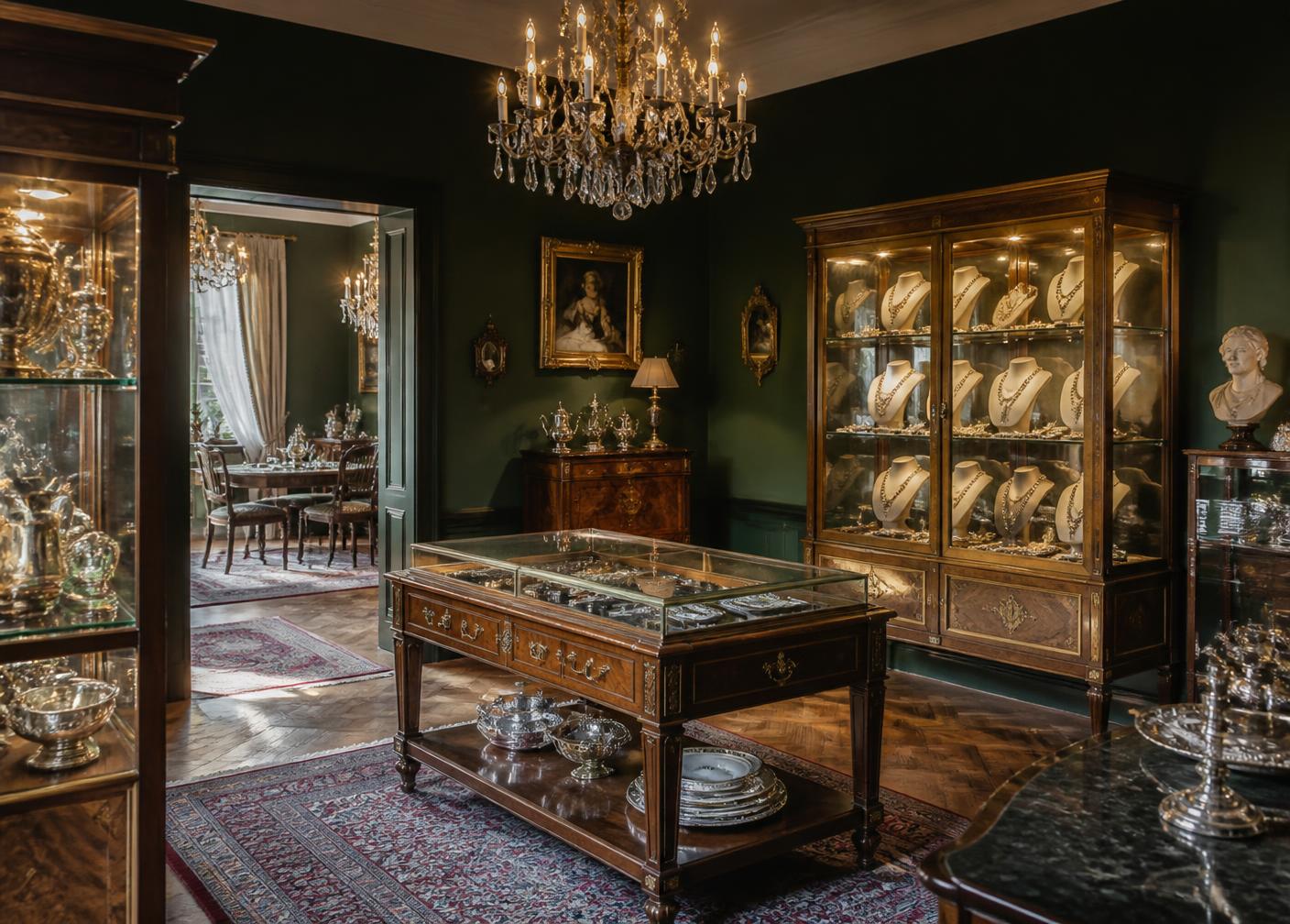 Interior do antiquário com vitrines de jóias e prata